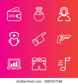 Premium set with outline vector icons. Such as doctor, revolver, gun, hospital, finance, wear, pointing, musical, business, equipment, white, cash, laboratory, weapon, handgun, shorts, pistol, fashion