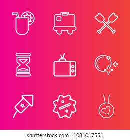 Premium set with outline vector icons. Such as cold, sand, party, holiday, necklace, sky, water, summer, moon, television, discount, sale, hour, baggage, tv, paddle, sign, cocktail, night, travel, ice