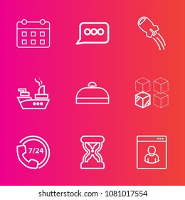 Premium set with outline vector icons. Such as replacement, space, internet, luggage, day, sea, sand, speech, bubble, call, date, male, operator, service, package, travel, schedule, clock, support