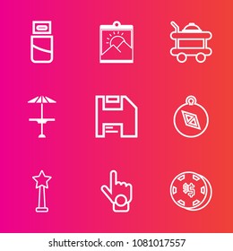 Premium set with outline vector icons. Such as background, network, risk, computer, service, picture, game, cable, food, pub, bed, image, device, border, hotel, table, usb, light, south, east, compass