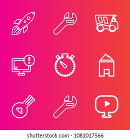 Premium set with outline vector icons. Such as internet, house, maintenance, shuttle, wrench, dump, astronaut, sign, music, heavy, monitor, desktop, video, tool, industry, string, computer, folk, time