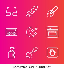 Premium set with outline vector icons. Such as weapon, star, lens, construction, antique, vintage, ancient, cooking, calculator, battle, food, tool, sword, money, moon, medieval, house, eye, dollar