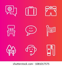 Premium set with outline vector icons. Such as communication, travel, shorts, wear, national, health, nation, template, application, environment, forest, white, center, business, hygiene, room, care