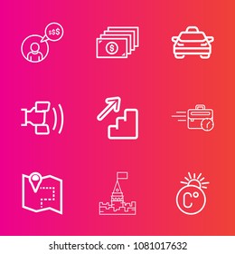 Premium set with outline vector icons. Such as road, pin, computer, location, cell, car, business, vehicle, travel, fahrenheit, internet, down, online, thermometer, coin, upstairs, currency, bank, up