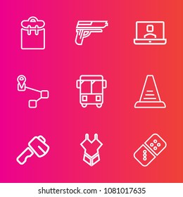 Premium set with outline vector icons. Such as transportation, concept, fashion, woman, internet, up, handgun, game, axe, call, summer, domino, professional, hammer, point, ladder, mobile, white, map