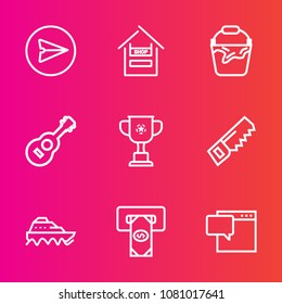 Premium set with outline vector icons. Such as music, food, finance, bubble, shop, web, store, customer, chat, woman, saw, internet, victory, ship, speech, communication, musical, machine, sea, water