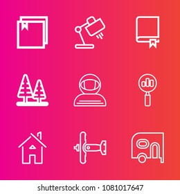 Premium set with outline vector icons. Such as plane, estate, environment, science, transportation, file, spacesuit, business, landscape, cosmonaut, study, book, library, forest, home, education, van