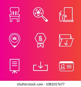 Premium set with outline vector icons. Such as winner, id, web, sign, comfortable, rubbish, furniture, magnifying, room, gas, first, place, identity, petrol, award, station, presentation, businessman