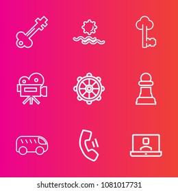 Premium set with outline vector icons. Such as light, antique, sunset, key, morning, rudder, blue, direction, metal, movie, lock, cell, chessboard, chess, old, nature, move, highway, sunrise, camera