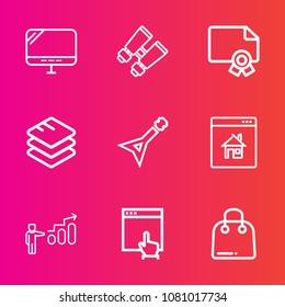Premium set with outline vector icons. Such as pc, click, view, development, screen, laptop, diploma, musical, white, monitor, online, guitar, buy, progress, paper, sale, business, glasses, technology