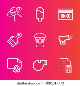 Premium set with outline vector icons. Such as war, stereo, flying, frame, tape, spaceship, whistle, referee, money, weapon, summer, cup, , audio, certificate, spacecraft, banking, award, sound, cafe