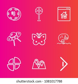 Premium set with outline vector icons. Such as travel, fan, technology, real, arrow, game, cooler, property, spaceship, chip, ufo, pin, road, button, chart, online, map, insect, estate, location, risk