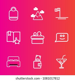 Premium set with outline vector icons. Such as sky, blue, chat, background, bag, juice, style, peak, bedroom, money, nature, book, purse, modern, drink, travel, leather, summer, open, mexico, double