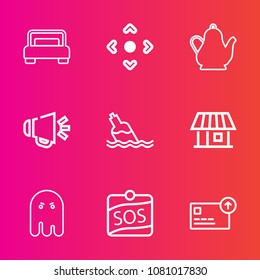 Premium set with outline vector icons. Such as loud, double, label, house, currency, technology, kettle, building, computer, finance, clean, home, furniture, drink, loudspeaker, halloween, bed, fear