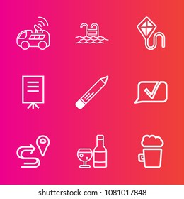 Premium set with outline vector icons. Such as meeting, healthy, presentation, relax, blue, beer, pub, gps, drink, kite, pool, pencil, location, business, vehicle, red, car, vacation, leisure, fun