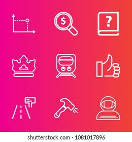 Premium set with outline vector icons. Such as king, train, concept, calligraphy, science, success, traffic, good, pen, royal, cosmonaut, road, book, railway, vintage, crown, circle, technology, sign