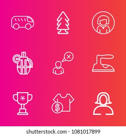 Premium set with outline vector icons. Such as war, clothes, ironing, sale, green, weapon, hand, iron, military, traffic, lady, trunk, face, price, landscape, young, online, left, cup, housework, tree