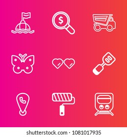 Premium set with outline vector icons. Such as location, nature, phone, butterfly, kitchen, water, help, brush, find, safety, fly, sun, sunglasses, insect, travel, train, web, mobile, internet, truck