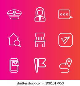 Premium set with outline vector icons. Such as employer, sea, employee, sailor, comfortable, travel, flag, email, people, room, navy, national, route, hat, search, work, office, boat, sign, real, man