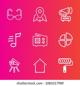 Premium set with outline vector icons. Such as signal, communication, white, estate, gramophone, roller, radio, architecture, sunglasses, modern, fashion, antenna, wireless, bbq, sound, tune, building