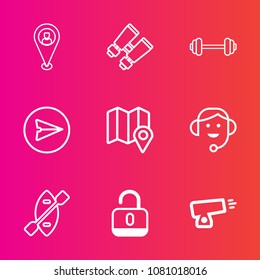 Premium set with outline vector icons. Such as fit, war, web, sign, internet, location, physical, fitness, watch, oar, canoe, message, workout, map, pin, call, sport, spy, lock, communication, vision