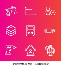 Premium set with outline vector icons. Such as web, internet, shipping, truck, fast, business, transport, diagram, account, chart, home, arrow, wooden, war, birdhouse, sign, element, bullet, delivery