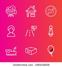 Premium set with outline vector icons. Such as profile, drawer, street, suit, road, travel, transportation, traffic, equipment, transport, home, balloon, real, camera, lens, train, business, fashion