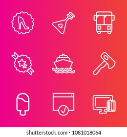 Premium set with outline vector icons. Such as sweet, boat, tool, folk, music, axe, water, string, footwear, road, ocean, beautiful, melody, construction, wooden, sea, card, food, transportation, ice