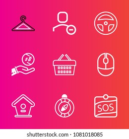 Premium set with outline vector icons. Such as finance, investment, basket, clothing, north, click, fashion, laboratory, bird, south, business, dental, home, birdhouse, east, tool, dollar, store, sos