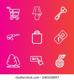 Premium set with outline vector icons. Such as business, switch, white, machine, domino, forest, lamp, explosion, present, tree, sign, retail, nature, landscape, gun, security, gift, door, environment