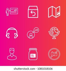 Premium set with outline vector icons. Such as world, planet, profile, tin, businessman, delivery, forbidden, box, presentation, computer, avatar, freelance, globe, people, container, audio, shipping