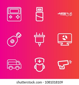 Premium set with outline vector icons. Such as template, strike, musical, sport, infographic, ball, plug, electric, highway, medical, chart, weapon, web, hobby, surgeon, direction, military, bowling