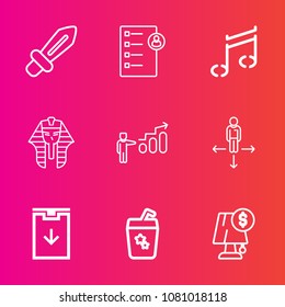 Premium set with outline vector icons. Such as juice, drink, egypt, sound, egyptian, knight, interior, direction, place, ancient, summer, sword, recruitment, blade, electricity, interview, personal