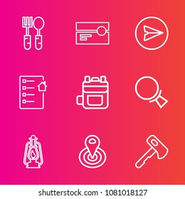 Premium set with outline vector icons. Such as metal, vintage, rucksack, house, location, contract, audio, knife, hammer, stereo, fork, food, screwdriver, lamp, lantern, music, web, meal, tape, estate