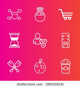 Premium set with outline vector icons. Such as hour, technology, boy, male, cart, clock, equipment, paddle, oar, hourglass, canoe, casual, retail, cooler, young, science, shop, fashion, white, man