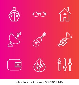 Premium set with outline vector icons. Such as environment, vessel, architecture, music, equality, money, cargo, dish, satellite, sea, cash, ship, trumpet, finance, boat, wallet, water, transport, eye