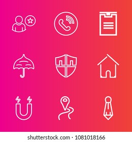 Premium set with outline vector icons. Such as phone, website, protect, online, call, building, shield, field, telephone, shipping, home, map, ring, open, protection, road, circle, pole, suit, rain