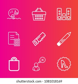 Premium set with outline vector icons. Such as sea, present, sound, store, buy, stationery, seafood, animal, business, pencil, office, banking, food, sale, bag, financial, audio, basket, finance, saw