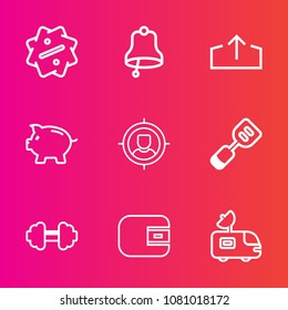 Premium set with outline vector icons. Such as price, marketing, discount, bell, kitchen, investment, alert, customer, sign, alarm, exercise, tv, coin, business, money, download, van, finance, sport