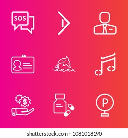 Premium set with outline vector icons. Such as lot, safety, identity, animal, urban, id, employee, dolphin, ocean, danger, help, document, sound, money, health, medicine, web, music, business, sos