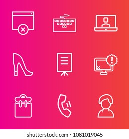 Premium set with outline vector icons. Such as concept, phone, page, meeting, woman, technology, keyboard, professional, computer, people, call, pretty, business, laptop, heel, pc, female, monitor