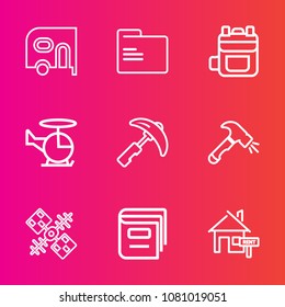 Premium set with outline vector icons. Such as transport, industry, file, vehicle, estate, transportation, truck, aircraft, office, rent, paper, car, air, library, space, picking, open, backpack, bag