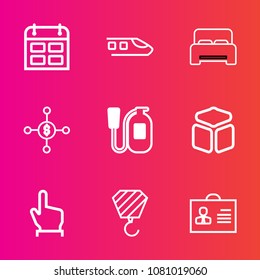 Premium set with outline vector icons. Such as hand, bedroom, emergency, locomotive, construction, touch, timetable, railway, safety, travel, click, cube, dollar, female, rail, speed, button, time