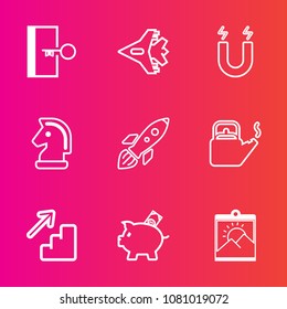 Premium set with outline vector icons. Such as shuttle, down, coin, photo, sky, strategy, field, water, steam, game, investment, upstairs, blank, sign, travel, up, downstairs, picture, aircraft, arrow
