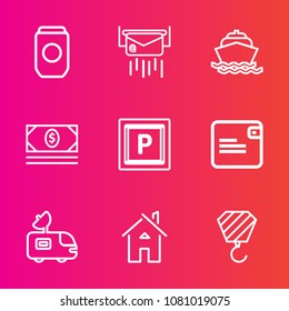 Premium set with outline vector icons. Such as sea, message, vehicle, bank, coin, communication, aluminum, antenna, money, envelope, water, estate, construction, architecture, cash, wallet, business