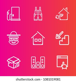Premium set with outline vector icons. Such as petroleum, character, upstairs, estate, station, service, wear, unpacking, play, gasoline, player, cardboard, downstairs, gas, jacket, package, click, up