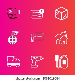 Premium set with outline vector icons. Such as hot, beautiful, finance, female, cash, blowing, property, bomb, product, go, increase, fan, drill, coin, air, electric, fire, fun, person, internet, home