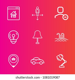 Premium set with outline vector icons. Such as location, transport, blue, internet, taxi, pictogram, user, light, swimming, arrow, bulb, web, pool, sign, idea, job, electricity, direction, property