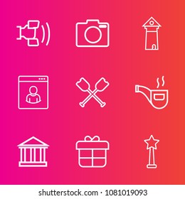 Premium set with outline vector icons. Such as profile, medal, cell, paris, classic, home, pipe, paddle, water, greece, telephone, architecture, tobacco, cellphone, camera, success, phone, canoe, box