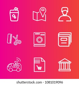 Premium set with outline vector icons. Such as supermarket, appliance, map, juice, technology, library, market, hair, gps, book, fashion, tropical, alcohol, laundry, greece, cocktail, washer, drink